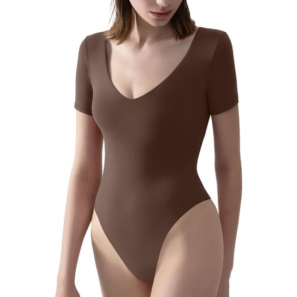 Dresses & Skirts - Women's Brown V Neck Short Sleeve Bodysuit Sexy Tops Sharp Collection